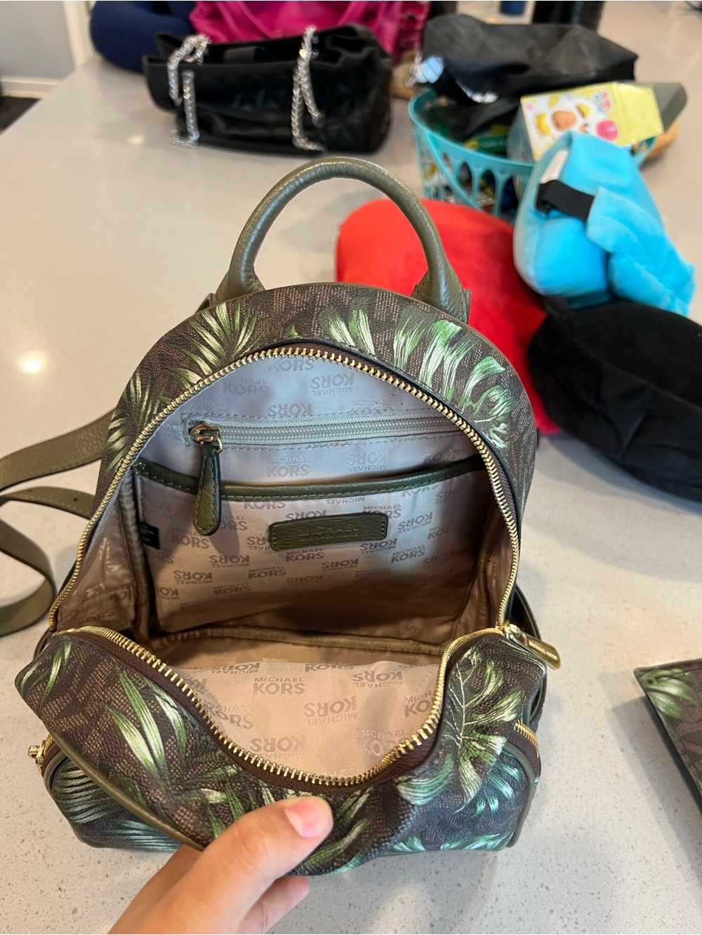 Michael Kors Abbey Medium Backpack in a green and brown - Picture 3 of 6